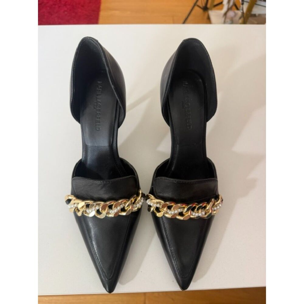 Karl Lagerfeld Paris Shivani Black Pointed Toe Chain Heels Size 7.5